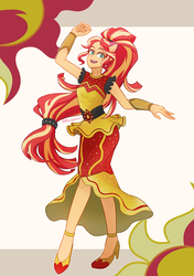 Size: 1024x1453 | Tagged: safe, artist:buryooooo, sunset shimmer, dance magic, equestria girls, equestria girls specials, g4, beautiful, clothes, dancing, dress, female, flamenco dress, looking at you, ponied up, pony ears, simple background, smiling, solo, sun, sunset shimmer flamenco dress, sunshine shimmer