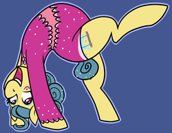 Size: 1280x993 | Tagged: safe, artist:/d/non, trapeze star, earth pony, pony, g4, 30 minute art challenge, backbend, belly, blue background, clothes, female, flexible, leotard, outline, plump, round belly, simple background, solo