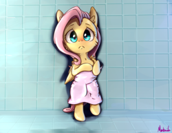 Size: 1400x1080 | Tagged: safe, artist:miokomata, fluttershy, pony, g4, blushing, chibi, cute, female, looking at you, mare, shyabetes, signature, solo, towel
