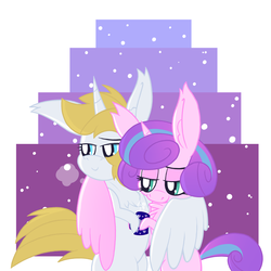 Size: 1440x1440 | Tagged: safe, artist:dragonpone, derpibooru exclusive, leon, princess flurry heart, alicorn, pony, breath, chest fluff, chocolate, crack shipping, ear fluff, female, flurleon, food, hot chocolate, hug, lidded eyes, male, mug, older, shipping, smiling, snow, snowfall, steam, straight, winghug