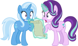 Size: 6423x3791 | Tagged: safe, artist:osipush, starlight glimmer, trixie, pony, unicorn, absurd resolution, duo, female, glowing horn, letter, magic, mare, raised hoof, simple background, story in the source, surprised, transparent background, vector