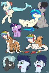 Size: 2000x3000 | Tagged: safe, artist:spirit-dude, coco pommel, dj pon-3, octavia melody, soarin', thunderlane, twilight sparkle, vinyl scratch, oc, oc:death's head, dracony, hybrid, merpony, pegasus, pony, g4, cocobetes, colored sketch, cute, eyes closed, female, fetish, floppy ears, high res, lesbian, male, mare, micro, multicolored hair, resting, ship:scratchtavia, shipping, simple background, size difference, smiling, stallion, tongue out, vore