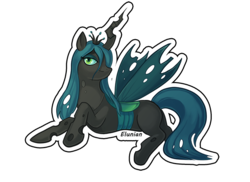 Size: 700x510 | Tagged: safe, artist:elunian, queen chrysalis, changeling, changeling queen, g4, crown, female, jewelry, prone, regalia, simple background, smiling, solo, transparent background