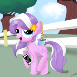 Size: 2000x2000 | Tagged: safe, artist:songbirdserenade, diamond tiara, earth pony, pony, g4, cellphone, earbuds, female, flower, flower in hair, high res, park, park background, phone, singing, skipping, smoothie, solo