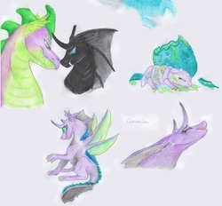 Size: 5632x5233 | Tagged: safe, artist:dawn22eagle, spike, thorax, oc, oc:cordelia, changedling, changeling, dragon, hybrid, nymph, g4, absurd resolution, adult, adult spike, gay, hatching, interspecies offspring, larva, magical gay spawn, male, offspring, older, older spike, parent:spike, parent:thorax, parents:spirax, ship:thoraxspike, shipping