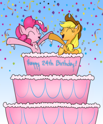 Size: 1000x1200 | Tagged: safe, artist:lennonblack, applejack, pinkie pie, pony, g4, cake, confetti, food, frosting, happy birthday, popping out of a cake, text