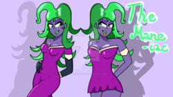 Size: 1024x576 | Tagged: safe, artist:susanzx2000, mane-iac, equestria girls, g4, breasts, cleavage, duality, equestria girls-ified, female, lipstick, self paradox, solo, tongue out, watermark