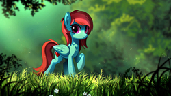Size: 1920x1080 | Tagged: safe, artist:ruhje, derpibooru exclusive, oc, oc only, oc:lucid heart, pegasus, pony, commission, crepuscular rays, cute, featured image, female, forest, grass, looking at you, mare, nature, ocbetes, raised hoof, scenery, shade, smiling, solo, wallpaper
