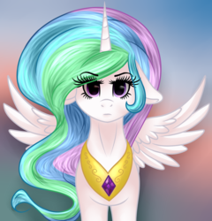 Size: 3500x3650 | Tagged: safe, artist:blocksy-art, princess celestia, alicorn, pony, g4, eyelashes, female, floppy ears, frown, gradient background, high res, jewelry, looking at you, mare, peytral, solo, spread wings, wings
