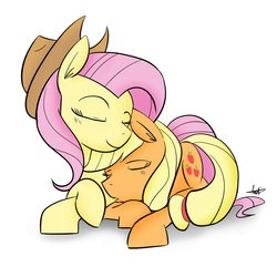 Size: 1200x1200 | Tagged: safe, artist:hellhounds04, applejack, fluttershy, pony, g4, accessory swap, duo, female, lesbian, nuzzling, ship:appleshy, shipping, simple background, white background