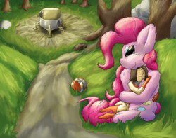 Size: 3583x2817 | Tagged: safe, artist:firefanatic, pinkie pie, human, g4, big pony, cuddling, cute, fluffy, forest, high res, size difference, spaceship, spacesuit