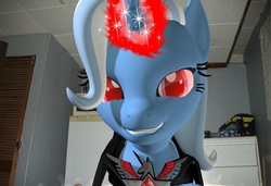 Size: 972x665 | Tagged: safe, artist:rachidile, trixie, pony, unicorn, g4, 3d, alicorn amulet, female, glowing horn, horn, mare, red eyes, solo