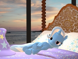 Size: 972x729 | Tagged: safe, artist:rachidile, trixie, pony, unicorn, g4, 3d, bed, female, looking at you, lying down, mare, on side, solo