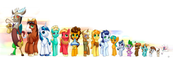 Size: 3523x1200 | Tagged: safe, artist:tsitra360, big macintosh, braeburn, button mash, cheese sandwich, discord, pipsqueak, pound cake, rumble, seabreeze, shining armor, snails, snips, soarin', spike, trenderhoof, trouble shoes, zephyr breeze, breezie, draconequus, dragon, earth pony, pegasus, pony, unicorn, g4, baby, baby pony, colored pupils, colt, group, height difference, looking at you, male, simple background, size difference, smiling, stallion, white background