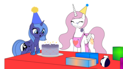 Size: 1920x1080 | Tagged: safe, artist:ardonsword, princess celestia, princess luna, alicorn, pony, g4, apron, birthday, birthday cake, blowing, cake, clothes, duo, eyes closed, female, filly, food, pink-mane celestia, present, royal sisters, simple background, smiling, transparent background, woona, younger