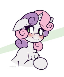 Size: 2500x3000 | Tagged: dead source, safe, artist:whitepone, part of a set, sweetie belle, pony, unicorn, g4, :3, blushing, bust, chest fluff, cute, diasweetes, female, filly, floppy ears, fluffy, foal, high res, horn, lidded eyes, looking back, portrait, smiling, solo