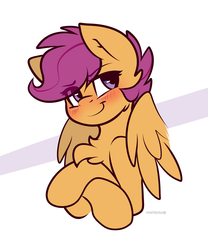 Size: 2500x3000 | Tagged: dead source, safe, artist:whitepone, part of a set, scootaloo, pegasus, pony, g4, blushing, bust, chest fluff, cute, cutealoo, eye clipping through hair, eyebrows, eyebrows visible through hair, female, filly, foal, forelegs crossed, high res, portrait, smiling, solo