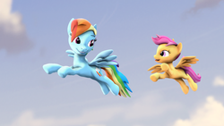 Size: 1920x1080 | Tagged: safe, artist:litterpaws, rainbow dash, scootaloo, pegasus, pony, g4, 3d, flying, scootaloo can fly, scootalove, smiling, source filmmaker