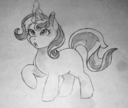 Size: 1280x1082 | Tagged: safe, artist:night-iris, oc, oc only, pony, unicorn, blank flank, grayscale, magical lesbian spawn, monochrome, multiple parents, offspring, parent:starlight glimmer, parent:sunset shimmer, parent:trixie, parent:twilight sparkle, pencil drawing, solo, traditional art