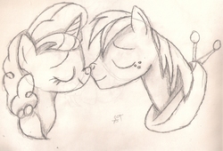 Size: 2119x1445 | Tagged: safe, artist:silversthreads, big macintosh, sugar belle, earth pony, pony, g4, hard to say anything, daily sketch, female, male, nuzzling, ship:sugarmac, shipping, sketch, straight, traditional art