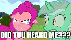 Size: 640x360 | Tagged: safe, edit, edited screencap, screencap, lyra heartstrings, pinkie pie, pony, g4, rock solid friendship, angery pone, angry, animated, caption, discovery family logo, female, gif, gif with captions, glowing eyes, grammar error, love and tolerate, not vulgar, rage, scene interpretation, vibrating