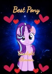 Size: 2480x3508 | Tagged: safe, artist:legionhooves, edit, starlight glimmer, pony, g4, adorable face, best pony, cute, female, flower, flower in hair, glimmerbetes, heart, high res, looking at you, solo, space, stars, text, tribute