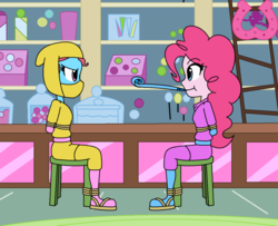 Size: 1024x832 | Tagged: safe, artist:author92, cup cake, pinkie pie, equestria girls, g4, arm behind back, bondage, brightly colored ninjas, chair, kunoichi, masks, ninja, party horn, rope, rope bondage, sandals, sugarcube corner, tied up