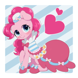 Size: 900x900 | Tagged: safe, artist:ayahana, pinkie pie, earth pony, pony, g4, blushing, clothes, cute, diapinkes, dignified wear, dress, female, gala dress, heart, looking at you, sitting, solo, turned head