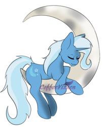 Size: 1024x1264 | Tagged: safe, artist:coffeevixxen, trixie, pony, unicorn, g4, crescent moon, female, mare, moon, simple background, sleeping, smiling, solo, tangible heavenly object, transparent background
