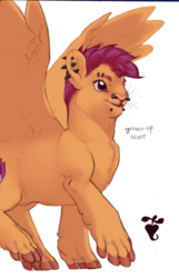 Size: 636x987 | Tagged: safe, artist:jayrockin, scootaloo, pegasus, pony, tiny sapient ungulates, g4, belly fluff, chest fluff, ear piercing, eyebrow piercing, female, finger hooves, fluffy, leg fluff, lip piercing, mare, nose piercing, older, piercing, raised hoof, raised leg, simple background, smiling, snake bites, solo, spread wings, whiskers, white background, wings