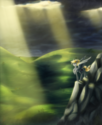 Size: 1127x1384 | Tagged: safe, artist:ipoloarts, oc, oc only, pegasus, pony, cloud, crepuscular rays, dark clouds, hill, scenery, solo, tree