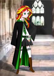 Size: 2480x3472 | Tagged: safe, artist:anelarya, sunset shimmer, equestria girls, g4, boots, clothes, crossover, female, garter belt, garters, harry potter (series), high res, human coloration, shoes, skirt, slytherin, solo