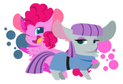 Size: 6240x4256 | Tagged: safe, artist:glitterstar2000, boulder (g4), maud pie, pinkie pie, earth pony, pony, g4, absurd resolution, big ears, chest fluff, clothes, cute, lineless, looking at you, minimalist, modern art, one eye closed, open mouth, simple background, smiling, transparent background, wink