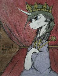 Size: 1476x1942 | Tagged: safe, artist:incrediblepanzer, princess platinum, pony, unicorn, g4, clothes, crown, female, jewelry, medieval, regalia, scepter, solo