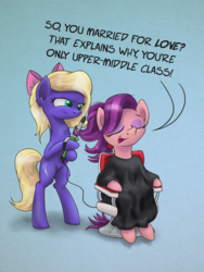 Size: 1600x2133 | Tagged: safe, artist:helmie-art, spoiled rich, oc, oc:ruby shears, earth pony, pony, g4, bipedal, chair, commission, curling iron, dialogue, eyes closed, female, hair styling, hoof hold, mare, sitting, spoiled bitch, this will end in pain, unamused