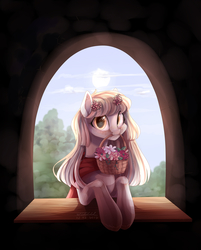 Size: 1998x2480 | Tagged: safe, artist:dreamydoll96, oc, oc only, pony, basket, clothes, flower, mouth hold, scarf, solo, sun