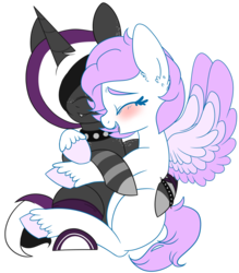 Size: 792x904 | Tagged: safe, artist:toodaioo, artist:toods, oc, oc only, pegasus, pony, unicorn, blank flank, blushing, clothes, collar, commission, couple, fangs, female, fluffy, male, mare, simple background, snuggling, socks, spikes, stallion, straight, striped socks, studs, transparent background