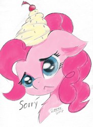 Size: 1628x2222 | Tagged: safe, artist:zemer, pinkie pie, pony, g4, bust, cherry, dialogue, female, food, frosting, simple background, solo, sorry, white background