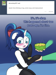 Size: 960x1280 | Tagged: safe, artist:lefthighkick, shining armor, pony, ask bottom armor, g4, ask, blushing, bottom armor, bottom heavy, bow, bowl, crossdressing, cute, dialogue, disembodied hand, femboy, food, hair bow, hand, latex, male, open mouth, sexy, shining femboy armor, soup, the ass was fat, trap, tumblr