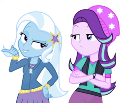 Size: 2280x1912 | Tagged: safe, artist:little903, starlight glimmer, trixie, equestria girls, equestria girls specials, g4, mirror magic, base used, beanie, crossed arms, hat, simple background, white background