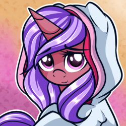 Size: 2000x2000 | Tagged: safe, artist:xwhitedreamsx, oc, oc only, oc:helping hoof, pony, unicorn, bust, clothes, female, high res, hoodie, mare, portrait, solo