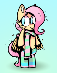 Size: 1299x1673 | Tagged: safe, artist:densomething, fluttershy, pony, semi-anthro, g4, bipedal, clothes, female, gradient background, scarf, socks, solo, striped socks