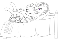Size: 2476x1648 | Tagged: safe, artist:sejox, spike, twilight sparkle, alicorn, dragon, pony, g4, bed, black and white, eyes closed, female, grayscale, lineart, male, mare, monochrome, on back, partial color, pony pillow, sleeping, twilight sparkle (alicorn)