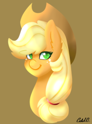 Size: 1300x1750 | Tagged: safe, artist:ciderpunk, applejack, earth pony, pony, g4, brown background, bust, colored pupils, female, simple background, solo
