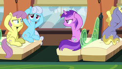 Size: 1920x1090 | Tagged: safe, screencap, amethyst star, linky, parasol, ponet, shoeshine, sparkler, earth pony, pegasus, pony, unicorn, g4, rock solid friendship, amethyst star is not amused, background pony, covering ears, female, friendship express, male, mare, sitting, stallion, train