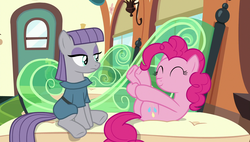Size: 1920x1090 | Tagged: safe, screencap, maud pie, pinkie pie, earth pony, pony, g4, rock solid friendship, cute, diapinkes, eyes closed, female, mare, sitting, smiling
