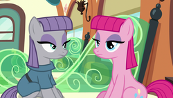 Size: 1920x1090 | Tagged: safe, screencap, maud pie, pinkie pie, earth pony, pony, g4, rock solid friendship, season 7, behaving like maud pie, clothes, duo, female, impersonating, mare, sitting