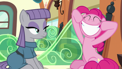 Size: 1920x1090 | Tagged: safe, screencap, maud pie, pinkie pie, earth pony, pony, g4, rock solid friendship, season 7, big smile, face pull, female, mare