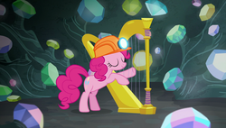 Size: 1920x1090 | Tagged: safe, screencap, pinkie pie, earth pony, pony, g4, rock solid friendship, cave, female, gem, gem cave, harp, helmet, mare, mining helmet, musical instrument, solo