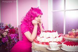 Size: 2560x1707 | Tagged: safe, artist:aster-hime, pinkie pie, human, g4, cake, clothes, cosplay, costume, flower, food, irl, irl human, photo, solo